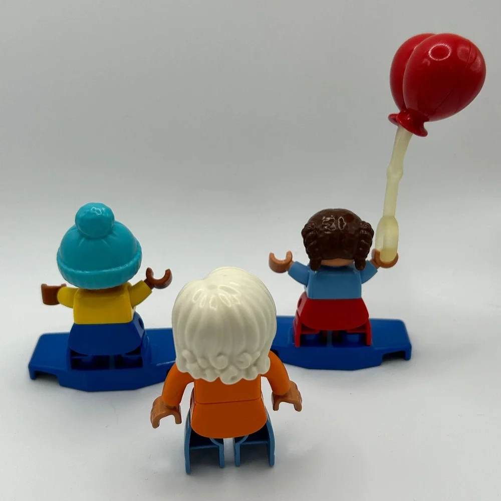 LEGO Duplo Figures Lot 3 Characters Boy Girl Woman with Red Balloon and Stands